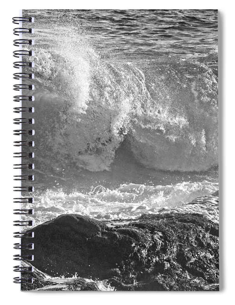 Maine Spiral Notebook featuring the photograph Black and White Large Waves Near Pemaquid Point On The Coast Of #9 by Keith Webber Jr