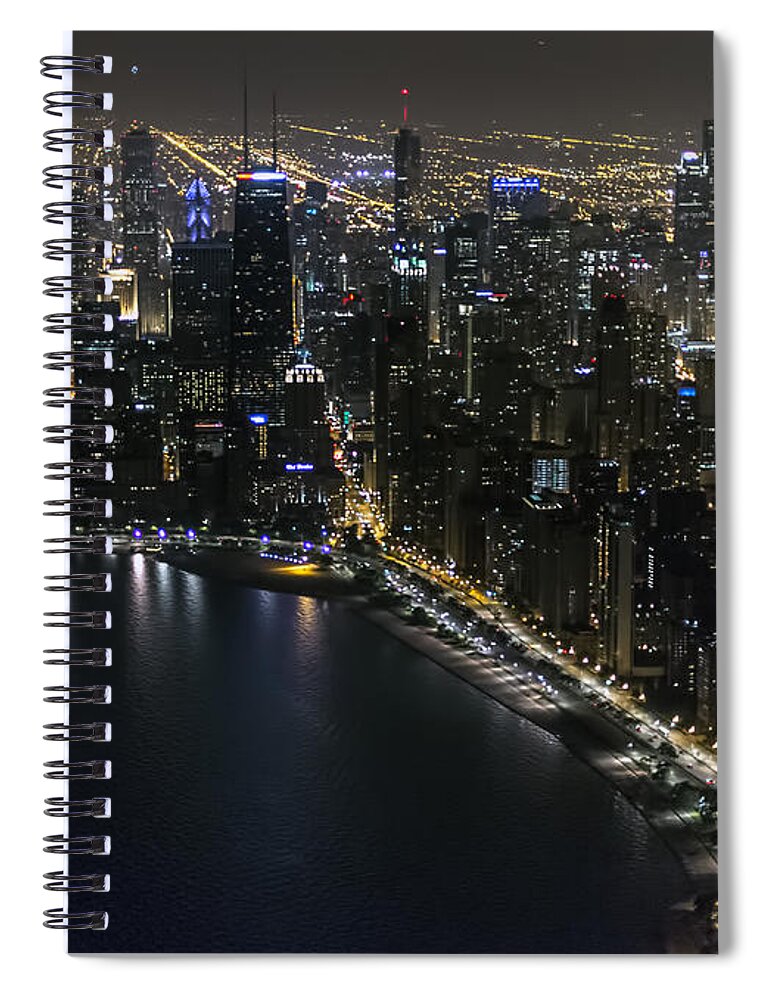 Chicago Spiral Notebook featuring the photograph Chicago Night Skyline Aerial Photo #13 by David Oppenheimer