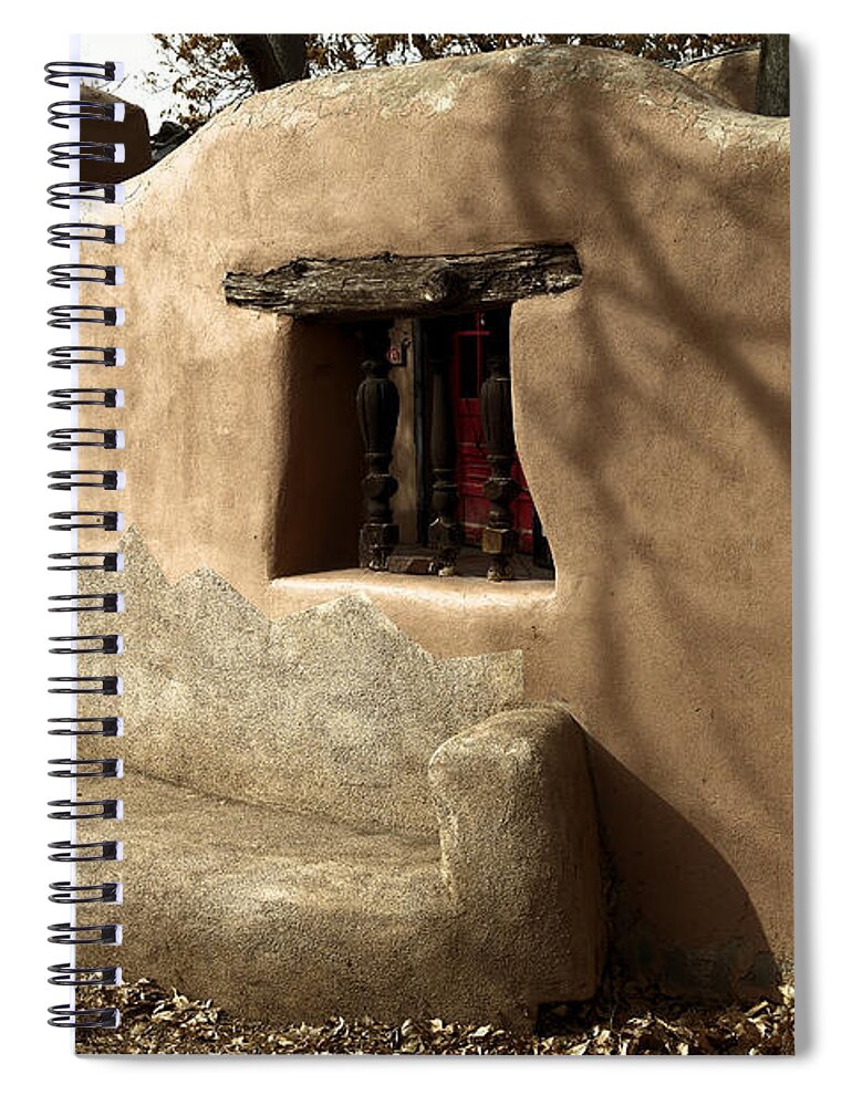 New Mexico Spiral Notebook featuring the photograph A bench in old town by Jeff Swan