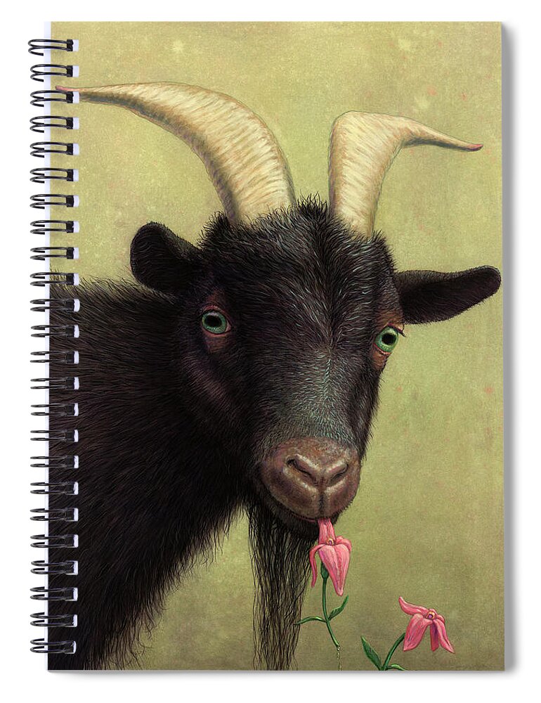 Black Goat Spiral Notebook featuring the painting A Black Goat enjoying a Pink Flower by James W Johnson