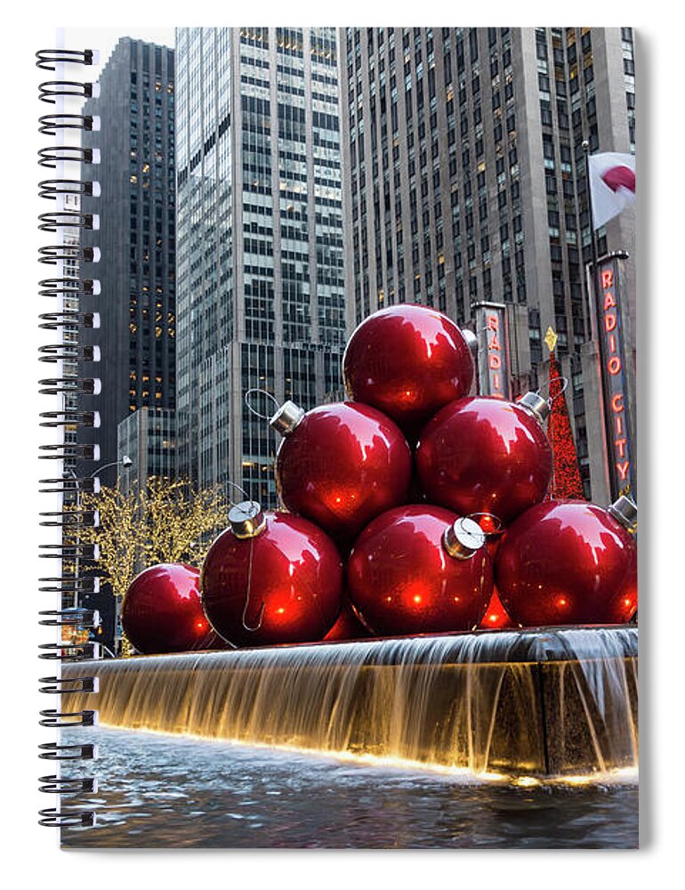 Georgia Mizuleva Spiral Notebook featuring the photograph A Christmas Card from New York City - Giant Red Balls Pyramid and Radio City Music Hall by Georgia Mizuleva