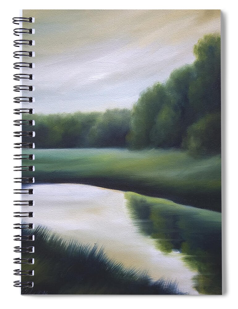 Nature; Lake; Sunset; Sunrise; Serene; Forest; Trees; Water; Ripples; Clearing; Lagoon; James Christopher Hill; Jameshillgallery.com; Foliage; Sky; Realism; Oils; Green; Tree Spiral Notebook featuring the painting A Day In The Life 3 by James Hill
