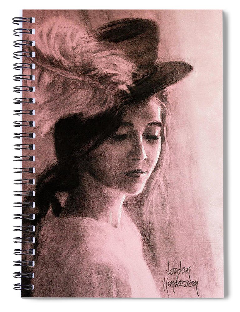 Woman Spiral Notebook featuring the drawing A Feather in Her Hat by Jordan Henderson