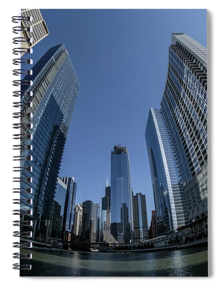 Sun Times Building Spiral Notebook featuring the photograph A fisheye view of the Chicago skyline as you appraoch wolf point by Sven Brogren