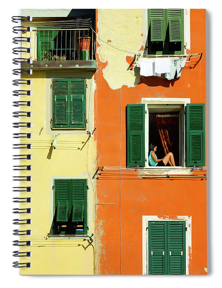 Cinque Terre Spiral Notebook featuring the photograph A girl on a window sill, Italy by Aashish Vaidya