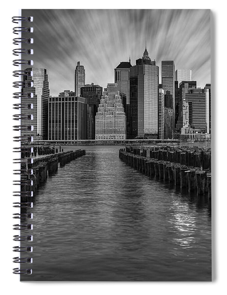 Brooklyn Spiral Notebook featuring the photograph A New York City Day Begins BW by Susan Candelario