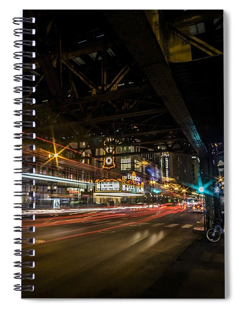 State Spiral Notebook featuring the photograph a nighttime look at Chicago's busy State and Lake Intersection by Sven Brogren