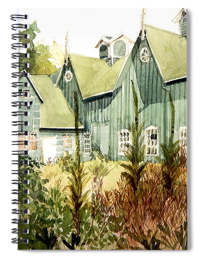 Greta Corens Watercolors Spiral Notebook featuring the painting Watercolor of an old wooden barn painted green with silo in the sun by Greta Corens