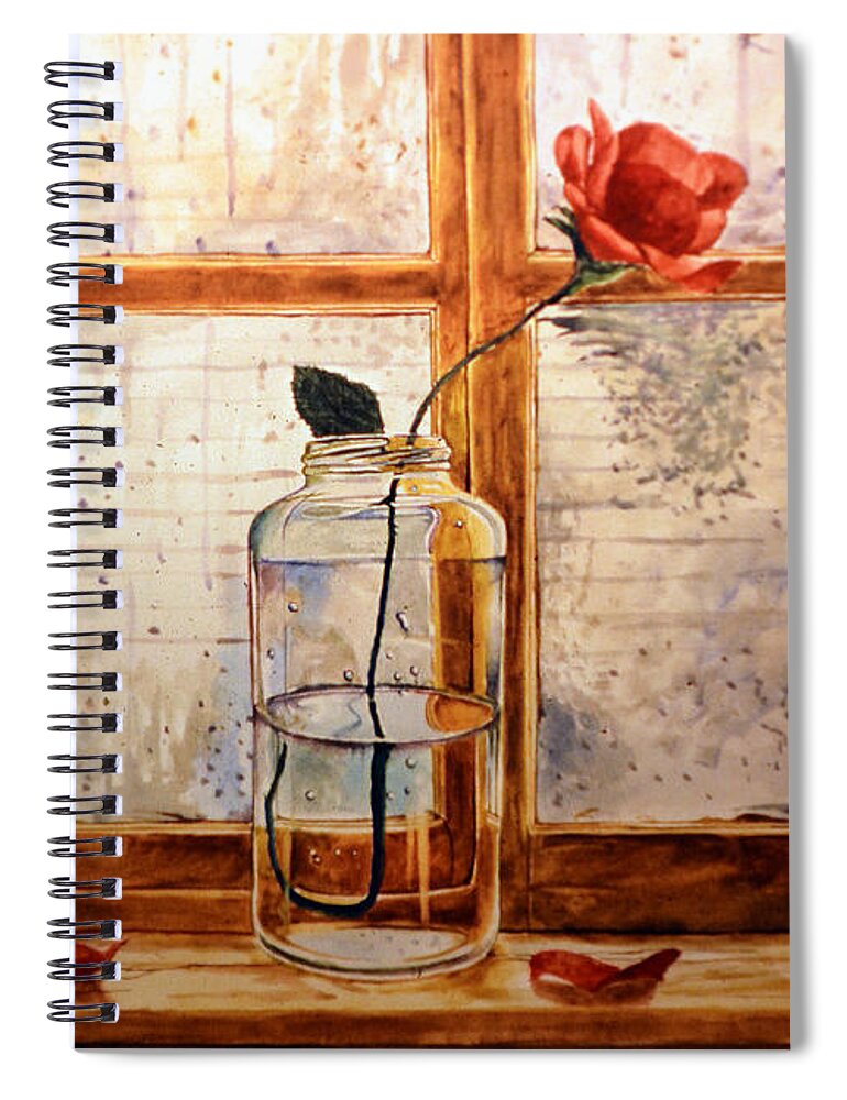 Rose Spiral Notebook featuring the painting A rose in a glass jar on a rainy day by Christopher Shellhammer