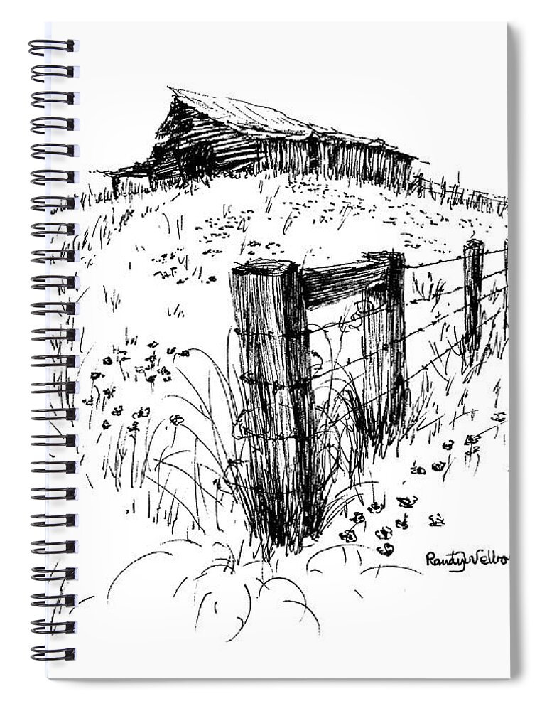 Fence Spiral Notebook featuring the drawing A Strong Fence and Weak Barn by Randy Welborn