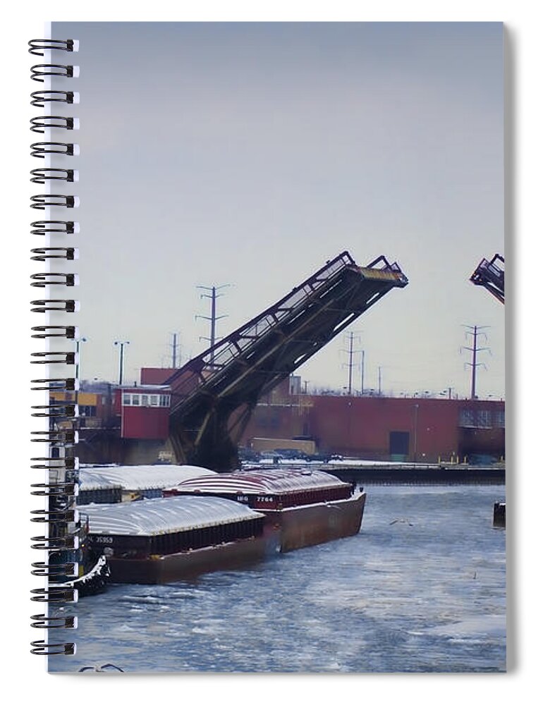 Tug Boat Spiral Notebook featuring the photograph A tug boat pushing a barge out to the lake by Sven Brogren