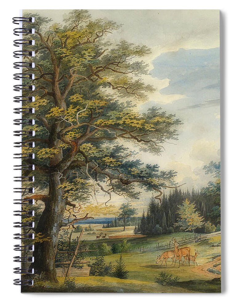 Art Spiral Notebook featuring the painting A Wooded Landscape With A Stag by Mountain Dreams
