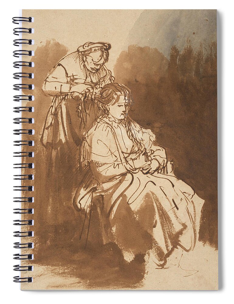 Rembrandt Spiral Notebook featuring the drawing A Young Woman Having Her Hair Braided by Rembrandt