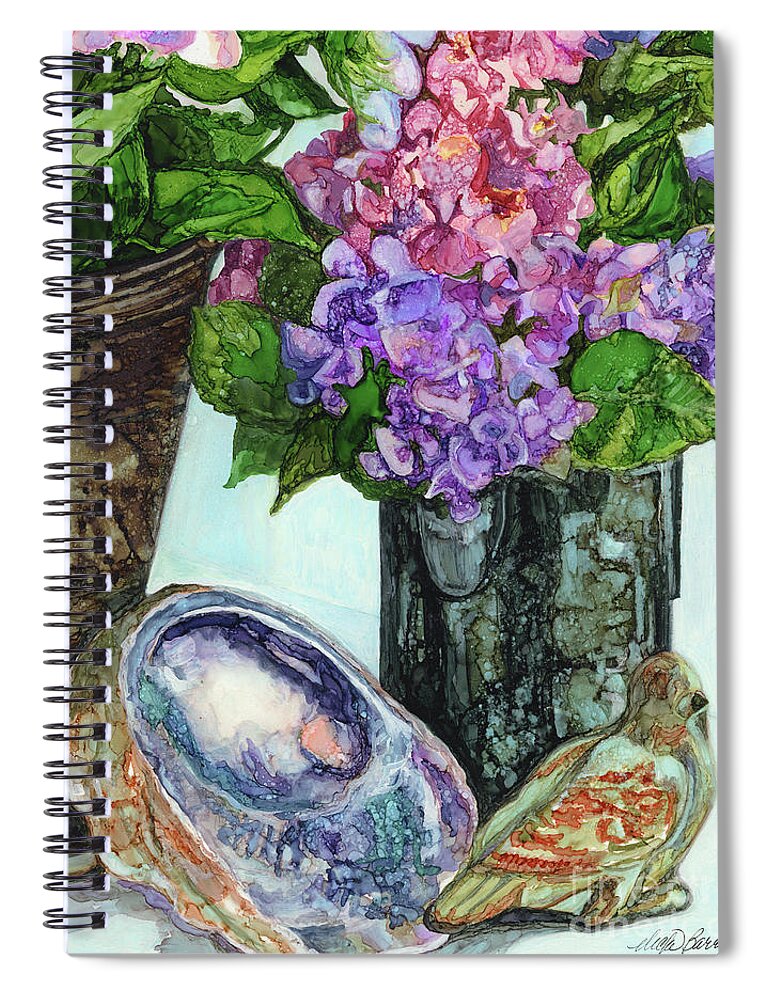 Abalone Spiral Notebook featuring the painting Abalone, Hydrangea and Bird by Vicki Baun Barry