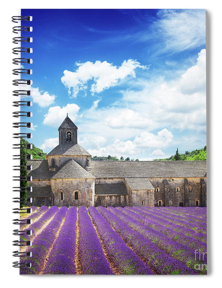 Lavender Spiral Notebook featuring the photograph Abbey Senanque and Lavender by Anastasy Yarmolovich