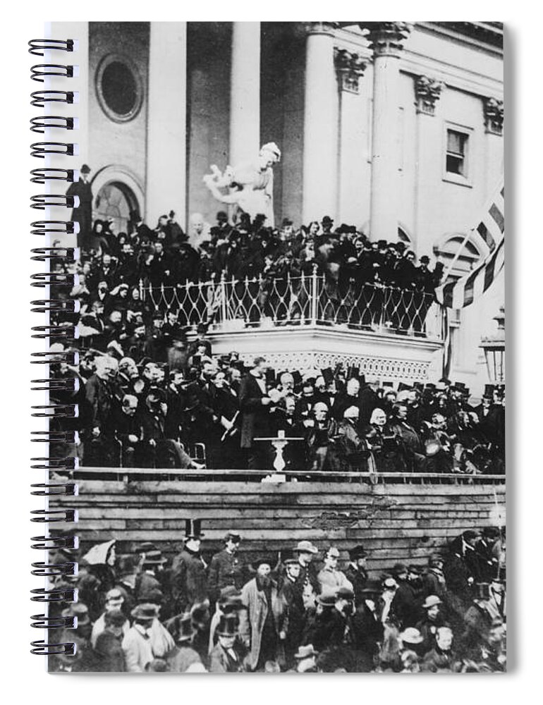 second Inaugural Address Spiral Notebook featuring the photograph Abraham Lincoln gives his second inaugural address - March 4 1865 by International Images