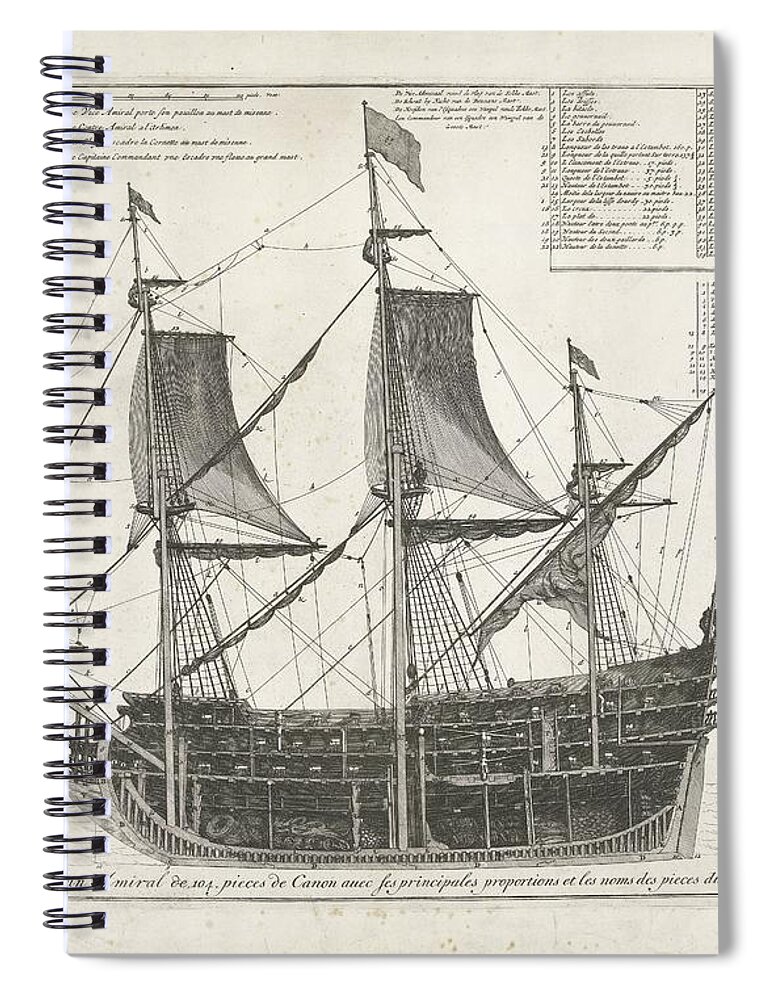 Admiraalschip Spiral Notebook featuring the drawing Admiraalschip  in doorsnede ca 1700 anonymous 1690  1710 by Vintage Collectables