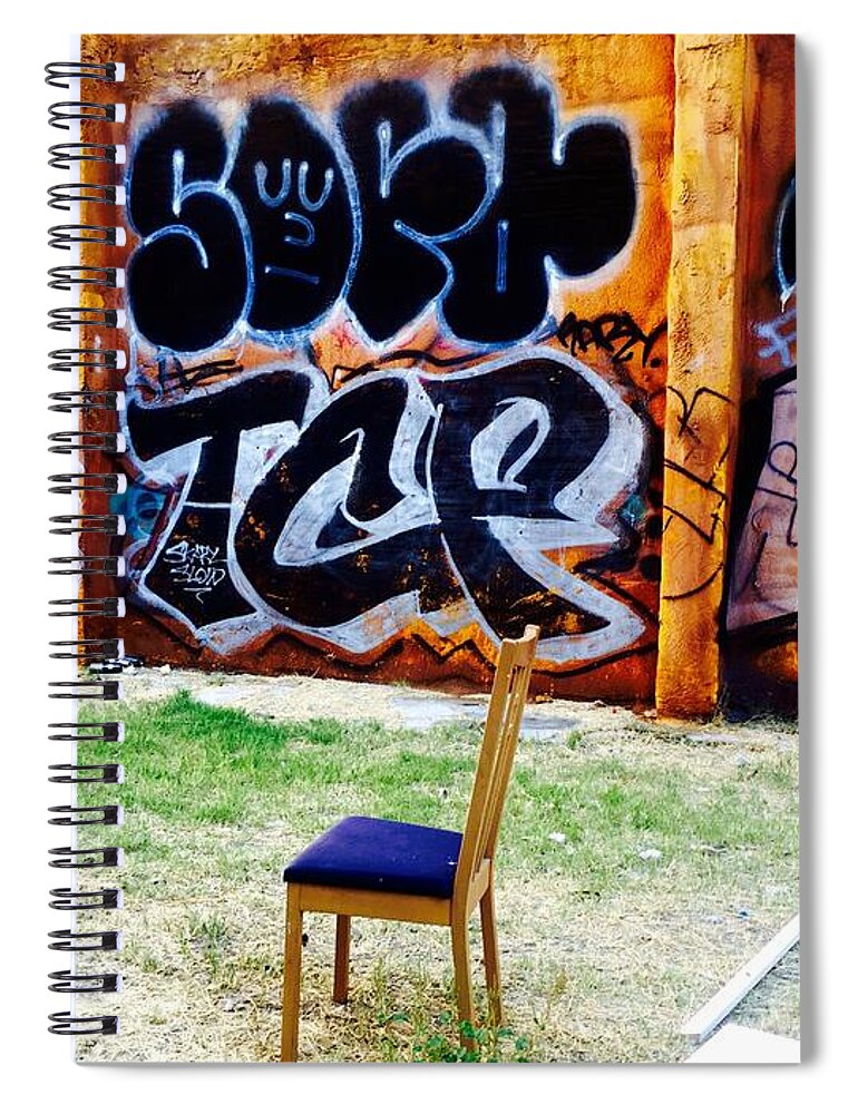 Chair Spiral Notebook featuring the photograph Admiring Barcelona graffiti wall by Funkpix Photo Hunter
