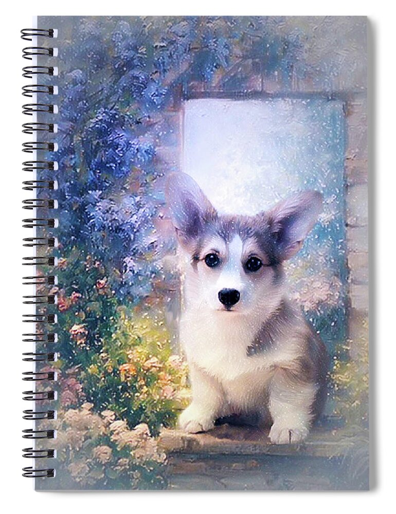 Corgi Puppy Spiral Notebook featuring the mixed media Adorable Corgi Puppy by Kathy Kelly