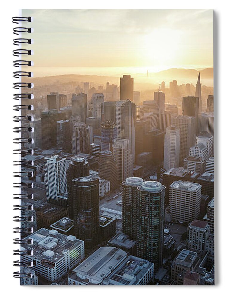 San Francisco Spiral Notebook featuring the photograph Aerial of downtown district at sunset, San Francisco, California by Matteo Colombo