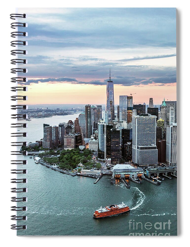 New York Spiral Notebook featuring the photograph Aerial of lower Manhattan skyline with Staten Island ferry boat, by Matteo Colombo