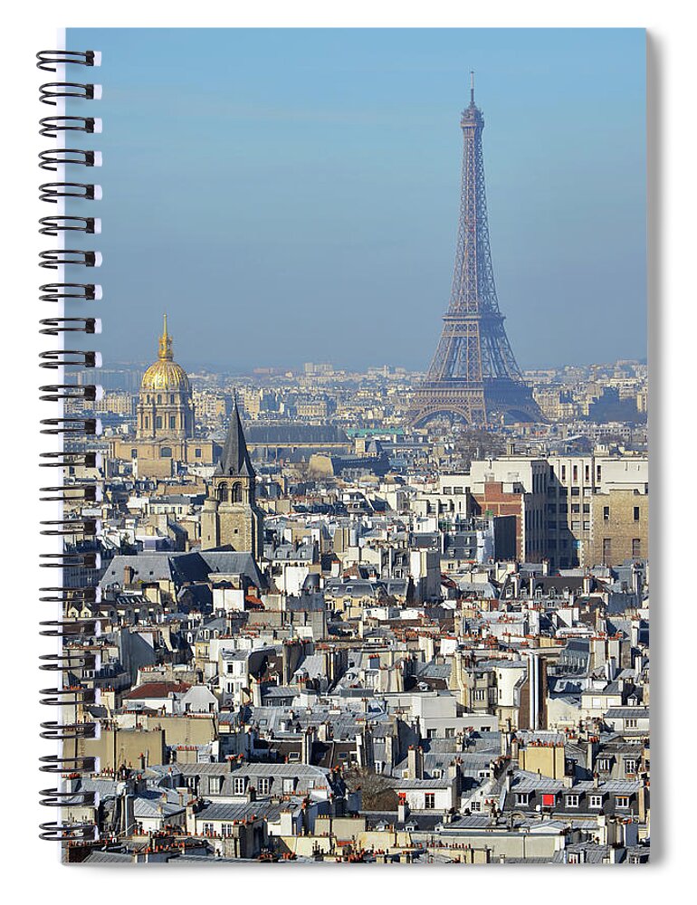 Travelpixpro Spiral Notebook featuring the photograph Aerial View of Paris France Rooftops with Les Invalides Dome and Eiffel Tower by Shawn O'Brien