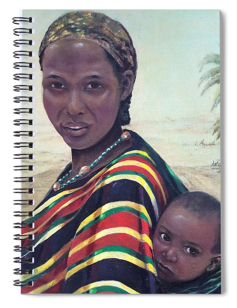 Motherhood Spiral Notebook featuring the painting African Mother and child by Laila Awad Jamaleldin