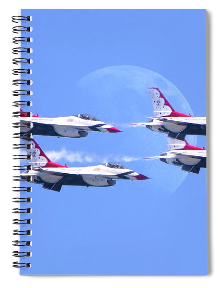 Air Force Spiral Notebook featuring the photograph Air Force Thunderbirds Fly by the Moon by Mark Andrew Thomas