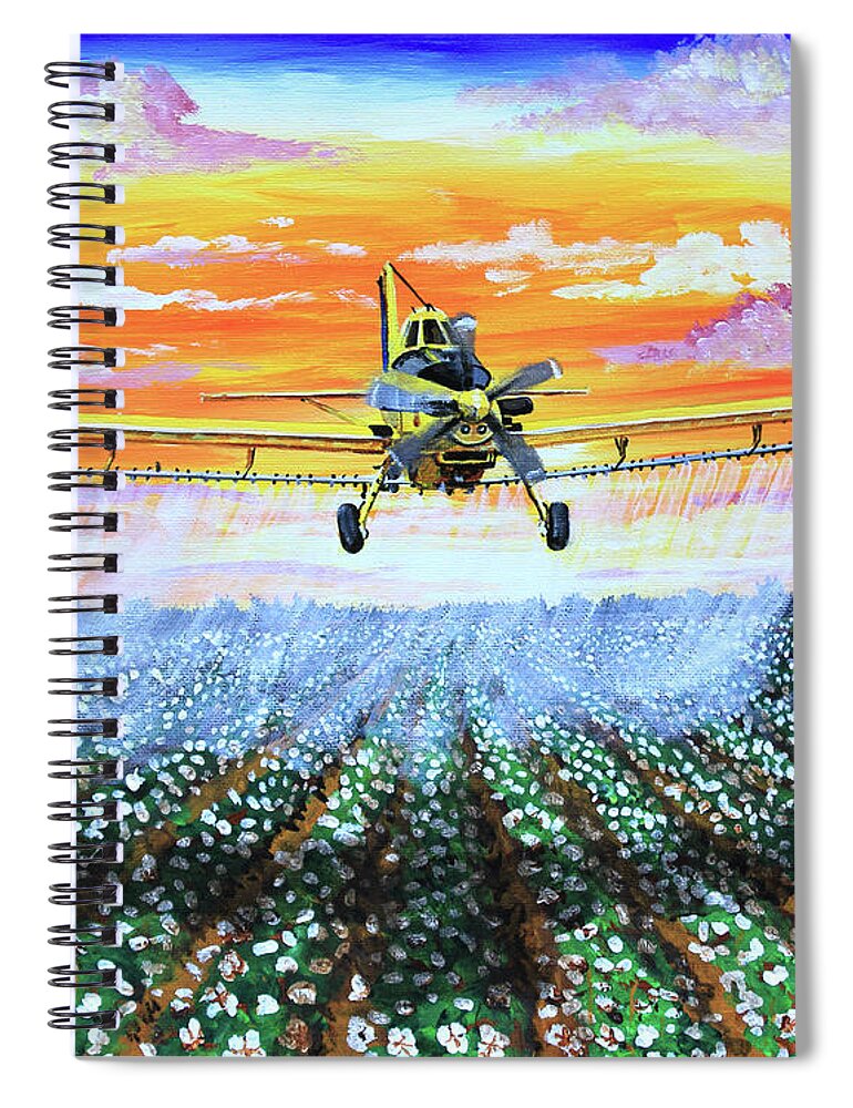 Air Tractor Spiral Notebook featuring the painting Air Tractor at Sunset Over Cotton by Karl Wagner