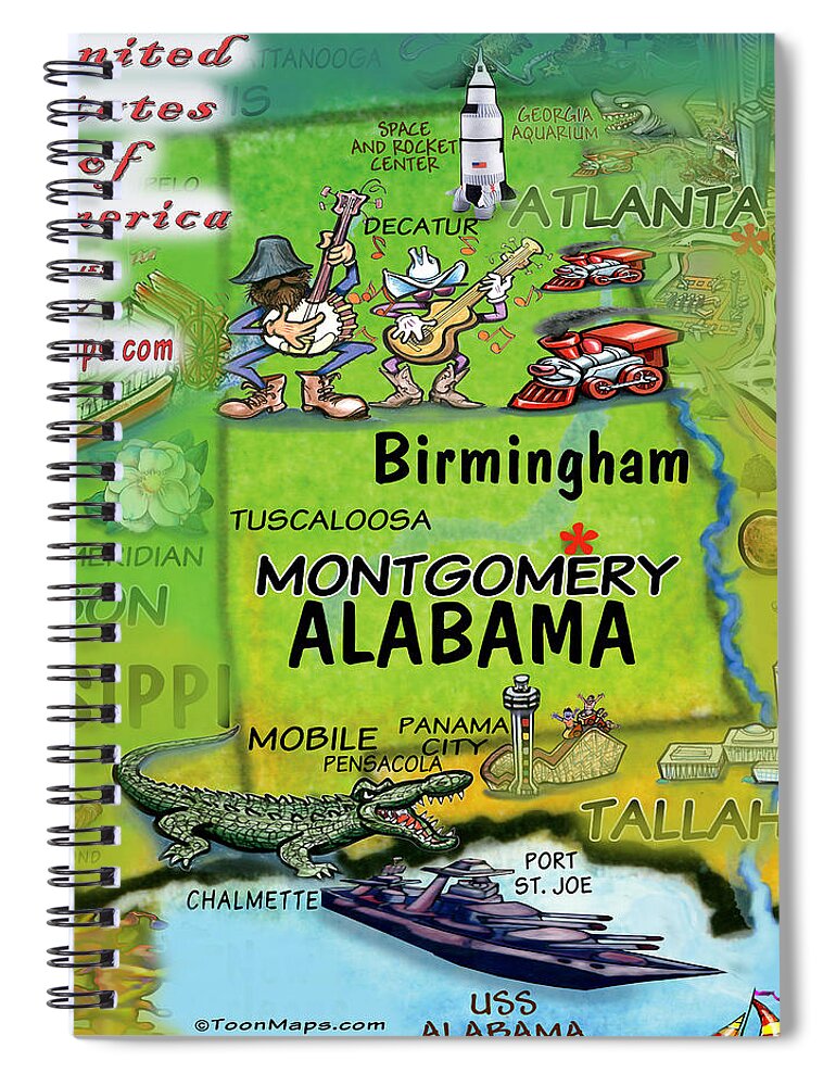 Alabama Spiral Notebook featuring the digital art Alabama Fun Map by Kevin Middleton