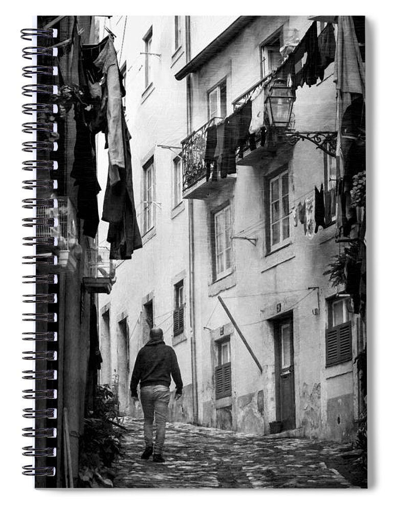 Joan Carroll Spiral Notebook featuring the photograph Alfama Life Lisbon Portugal BW by Joan Carroll