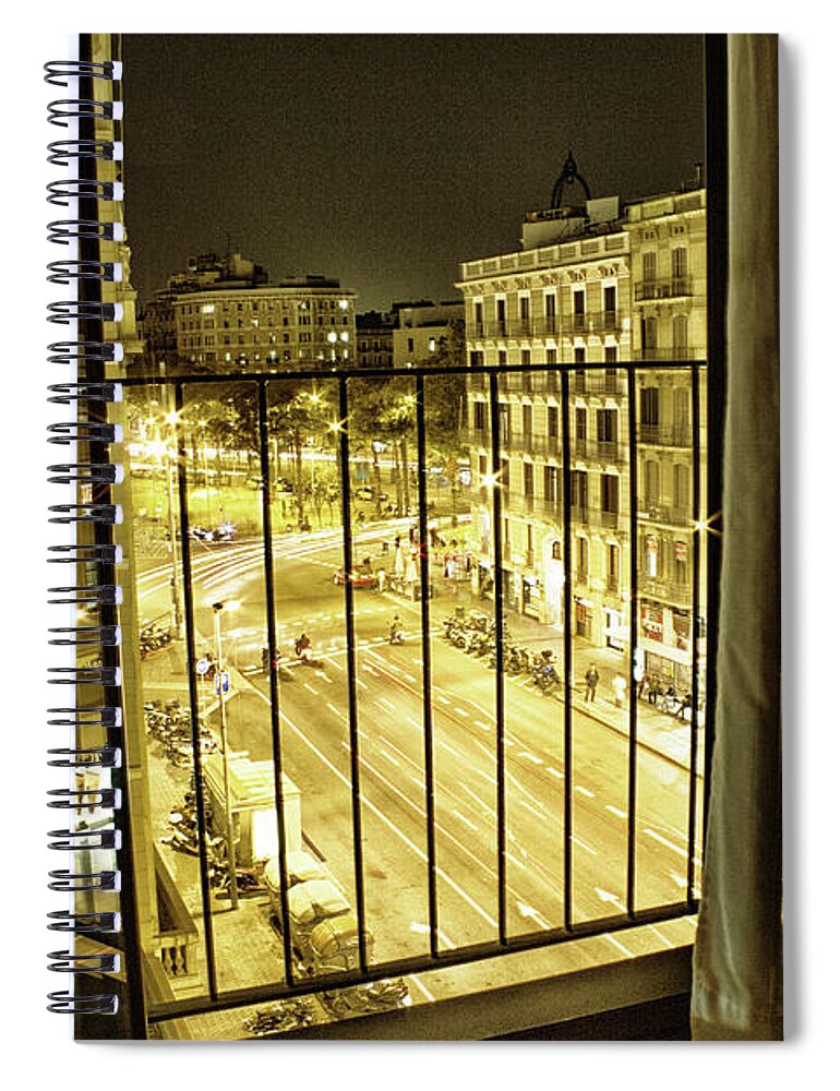 Cityscape Spiral Notebook featuring the photograph Alone at Midnight in Barcelona by Becqi Sherman