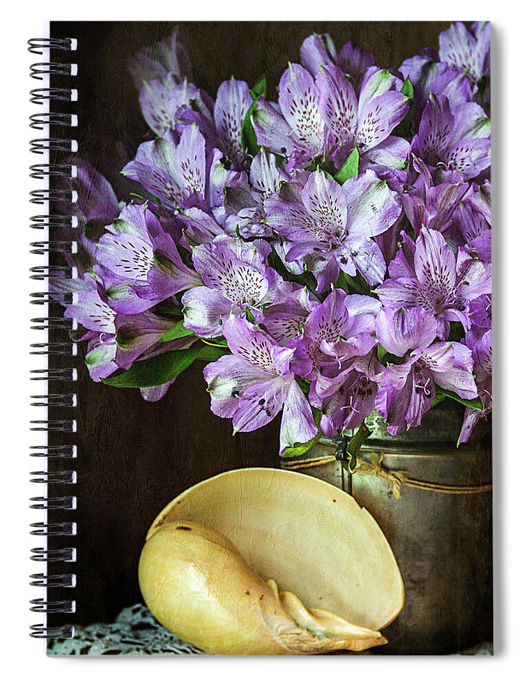 Alstroemeria Spiral Notebook featuring the photograph Alstroemeria with Seashell by Cindi Ressler