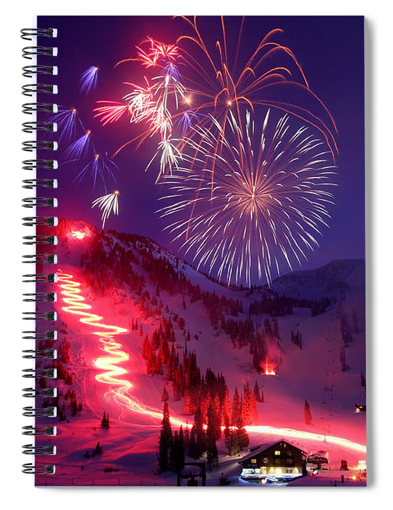 Alta Ski Utah Torchlight Fireworks Celebration Birthday Spiral Notebook featuring the photograph Alta Ski Area 75th Birthday Celebration by Brett Pelletier