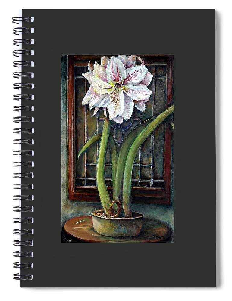 Amaryllis Window Stain Glass White Magenta Green Vase Spiral Notebook featuring the painting Amaryllis In The Window by Bernadette Krupa