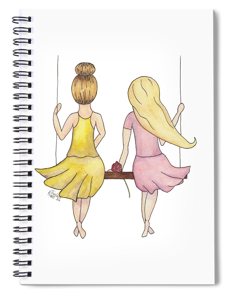 Watercolor Ink Illustration Amelia Lillian Girls Swing Rose Yellow Pink Bun Long Flowing Hair Dirty Blonde Brunette Top Knot Crossed Feet Together Sisters Friends Children Spiral Notebook featuring the painting Amelia and Lillian by Betsy Hackett