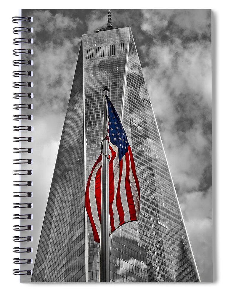 One World Trade Center Spiral Notebook featuring the photograph American Flag At World Trade Center WTC BW by Susan Candelario