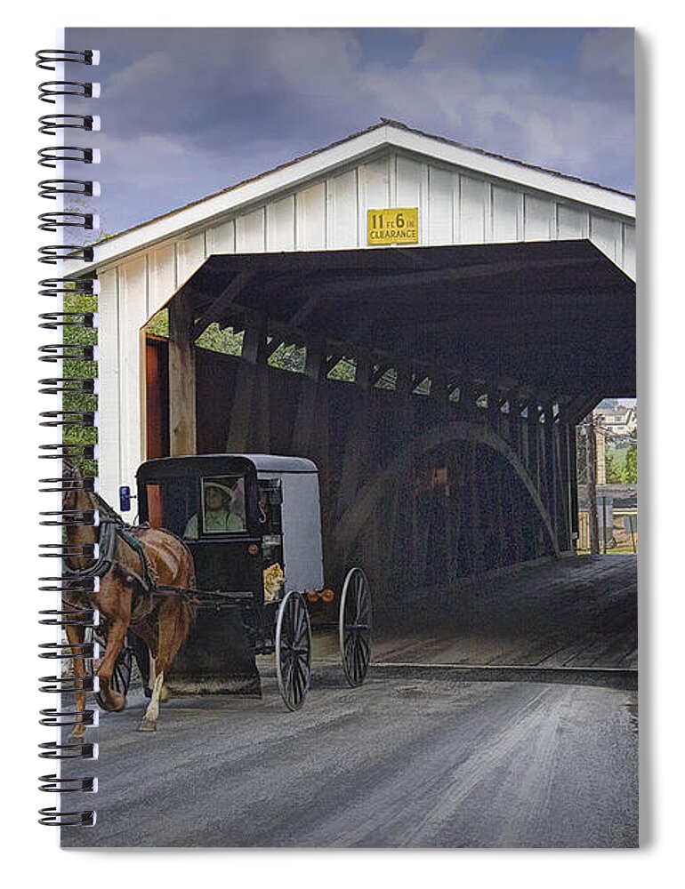 Art Spiral Notebook featuring the photograph Amish Buggy with covered bridge by Randall Nyhof