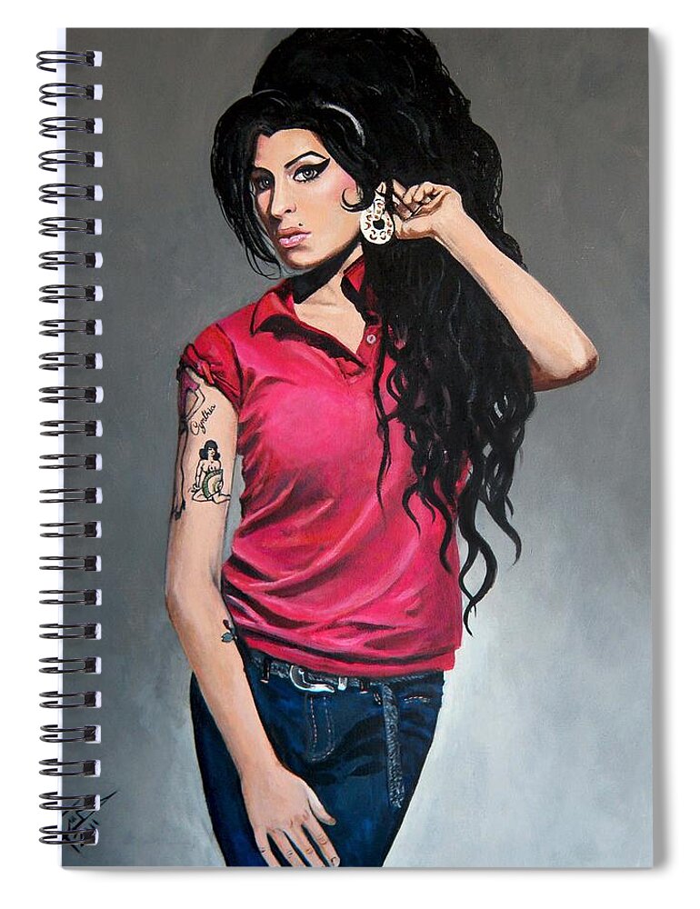 Amy Winehouse Spiral Notebook featuring the painting Amy Winehouse Red Shirt by Tom Carlton
