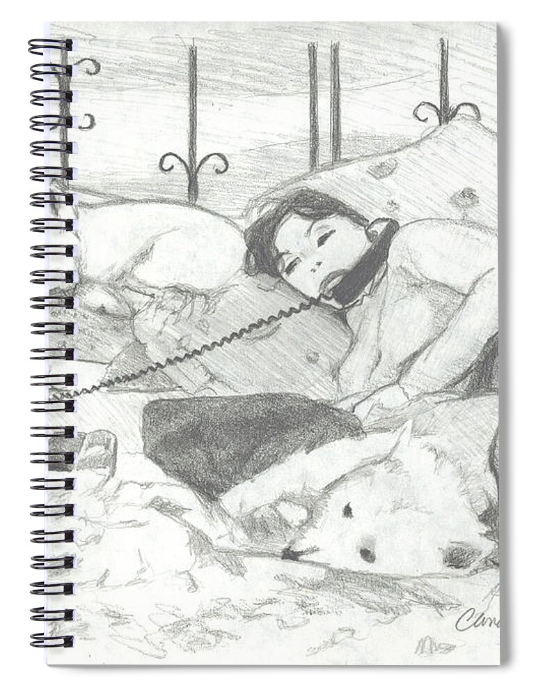 Dogs Spiral Notebook featuring the painting Amy with Dogs on Phone by Candace Lovely