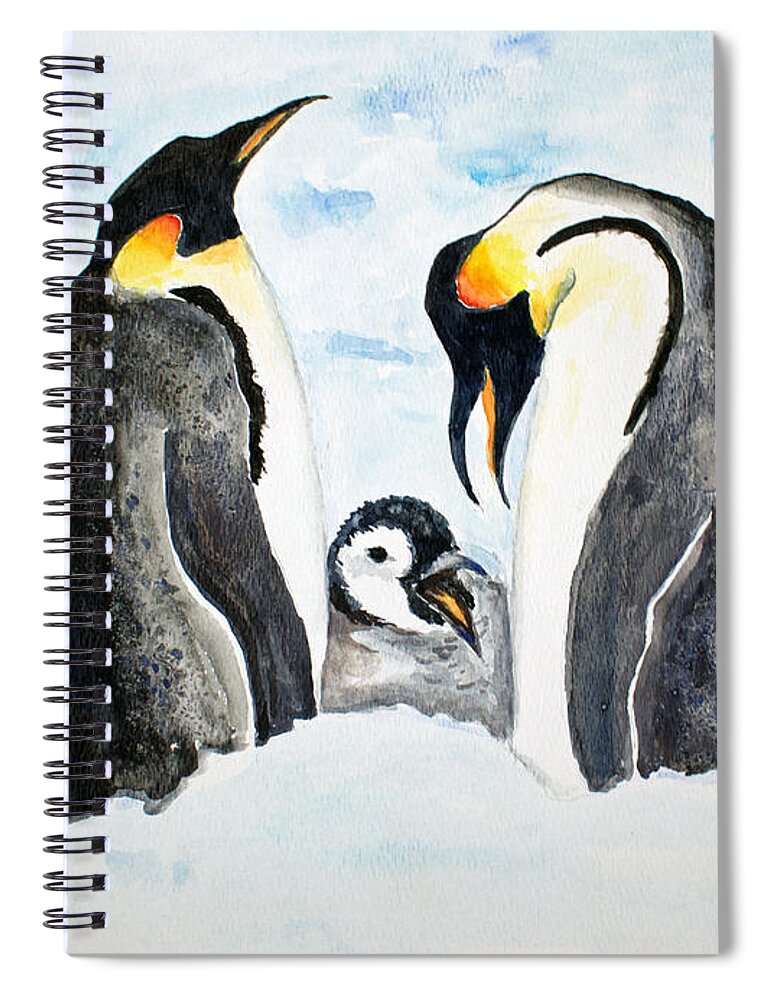 Penguin Spiral Notebook featuring the painting And Baby Makes Three by Marlene Schwartz Massey