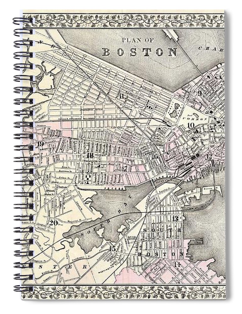 Antique Map Of Boston Spiral Notebook featuring the drawing Antique Maps - Old Cartographic maps - Antique Map of Boston Massachusetts, 1879 by Studio Grafiikka