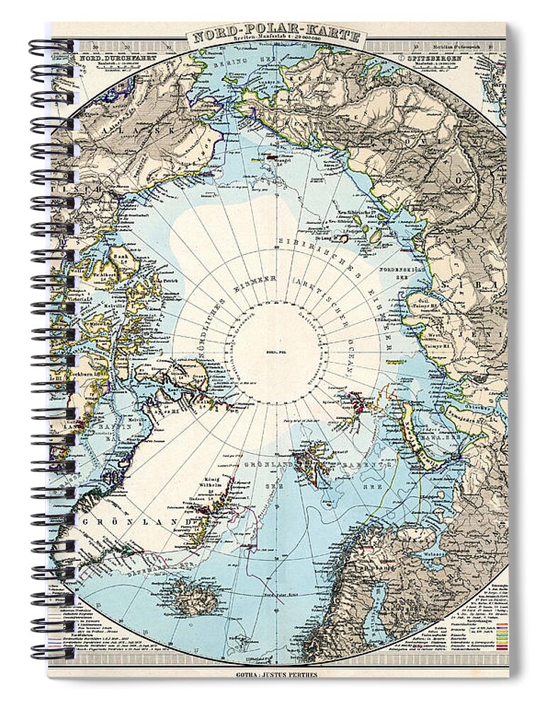 Antique Map Of The North Pole Spiral Notebook featuring the drawing Antique Maps - Old Cartographic maps - Antique Map of the North Pole and the Arctic Region by Studio Grafiikka