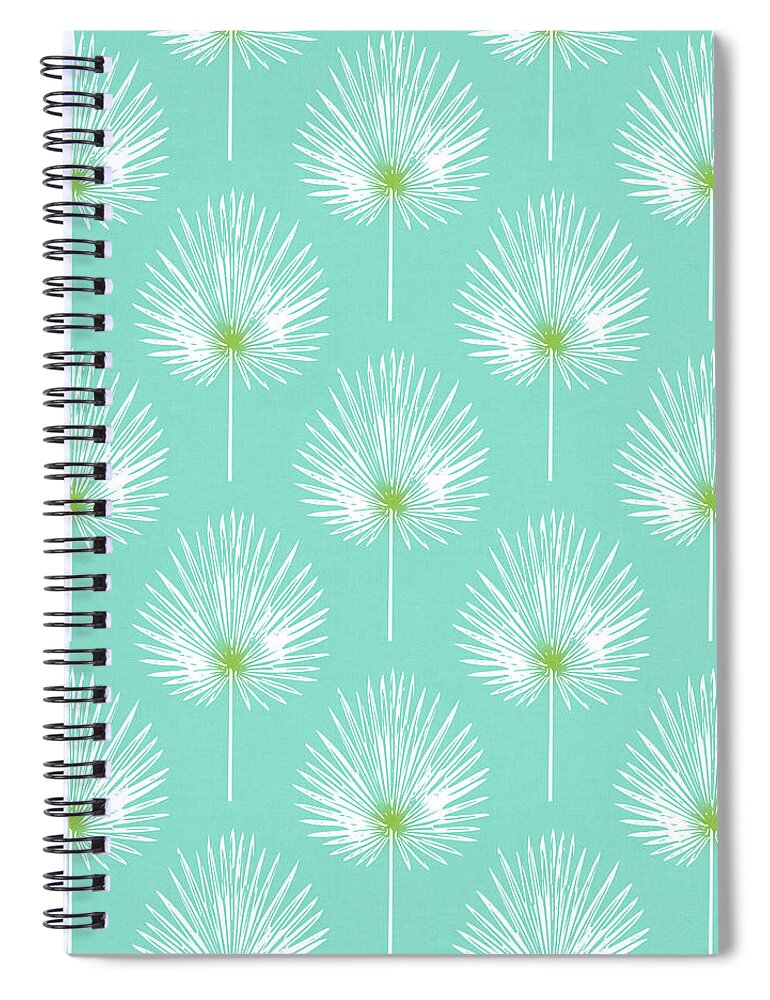 Tropical Spiral Notebook featuring the mixed media Aqua and White Palm Leaves- Art by Linda Woods by Linda Woods