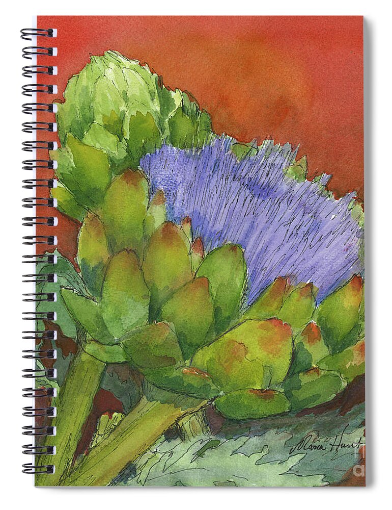 Artichoke Spiral Notebook featuring the painting Artichoke Bathed in Red by Maria Hunt