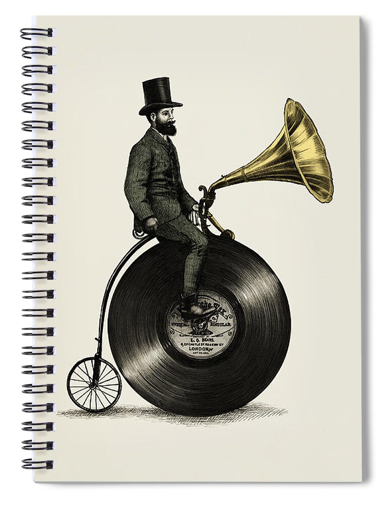 Music Vintage Vinyl Record Victorian Top Hat Gramophone Victrola Nostalgic Cycling Penny Farthing Moustache Spiral Notebook featuring the drawing Music Man by Eric Fan