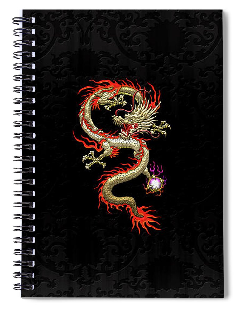 'treasures Of China' Collection By Serge Averbukh Spiral Notebook featuring the digital art Golden Chinese Dragon Fucanglong on Black Silk by Serge Averbukh