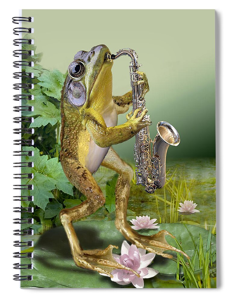 Animal Picture Spiral Notebook featuring the painting Humorous Frog Plying Saxophone by Regina Femrite