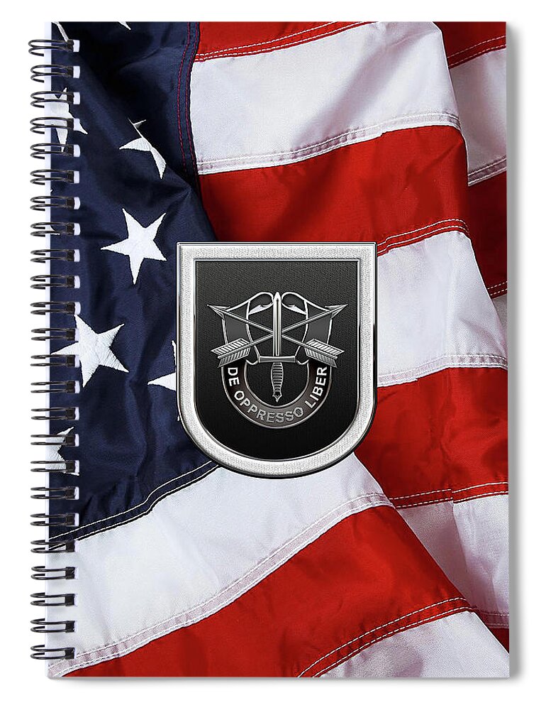 'u.s. Army Special Forces' Collection By Serge Averbukh Spiral Notebook featuring the digital art U. S. Army 5th Special Forces Group - 5 S F G Beret Flash over American Flag by Serge Averbukh
