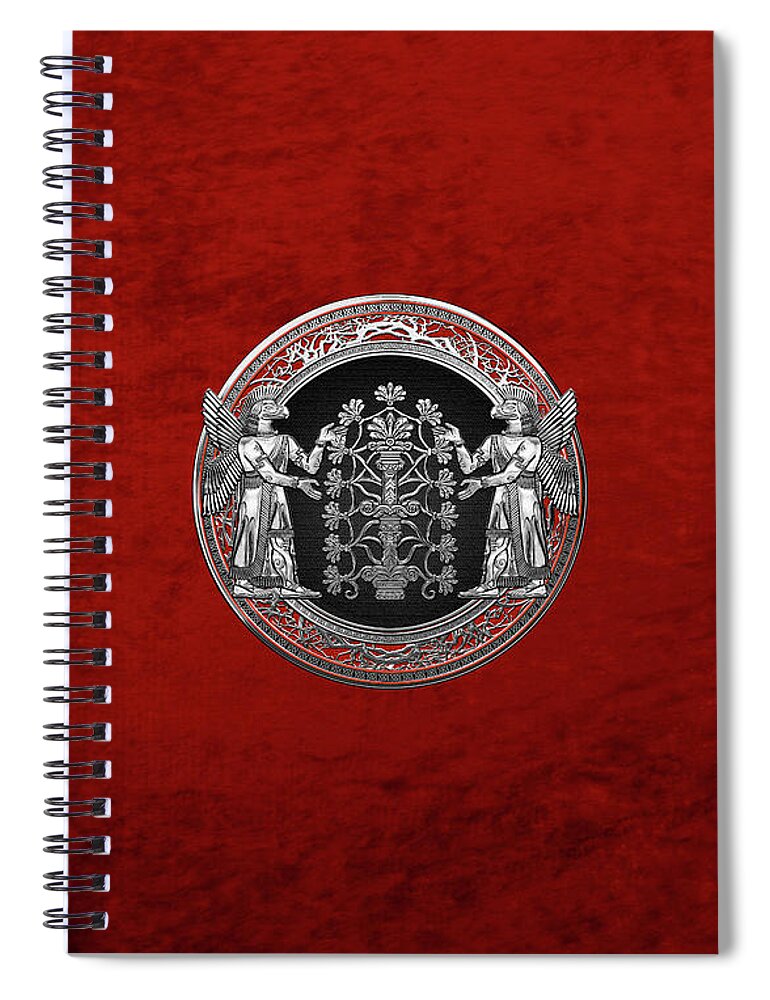 ‘treasures Of Mesopotamia’ Collection By Serge Averbukh Spiral Notebook featuring the digital art Two Instances of Silver God Ninurta with Tree of Life over Red Velvet by Serge Averbukh